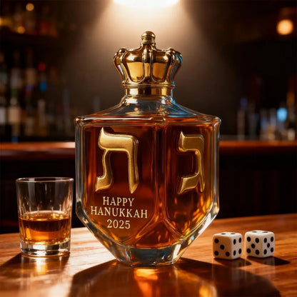 Hanukkah Whiskey Decanter Set – Gold Glass Bottle with Engraved Dreidel