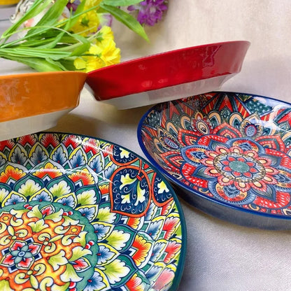 8-Inch Bohemian Ceramic Steak & Dinner Plate – Vintage Floral Dinnerware for Home & Restaurant