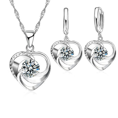 Heart Zircon Necklace & Earrings Set – Silver Tone Romantic Jewelry for Women