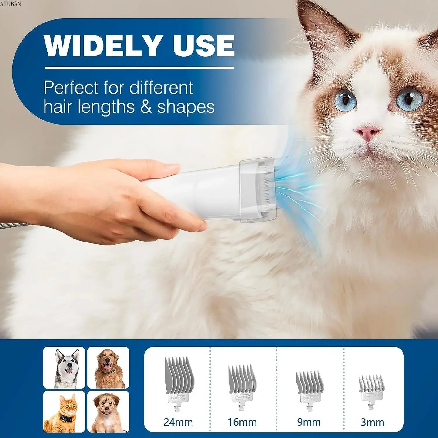 ATUBAN Dog Grooming Vacuum Kit – 2.3L Capacity, 5 Tools, Low Noise Pet Clipper