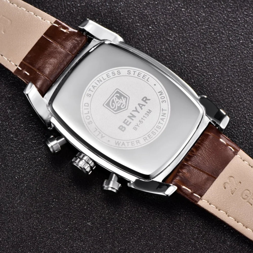 Relogio Masculino Mens Watches Top Luxury Brand BENYAR Chronograph Leather Quartz Watch Men Military Sport Rectangle Wristwatch - BeeTrendyShop.COM