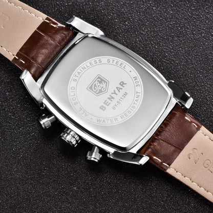 Relogio Masculino Mens Watches Top Luxury Brand BENYAR Chronograph Leather Quartz Watch Men Military Sport Rectangle Wristwatch - BeeTrendyShop.COM