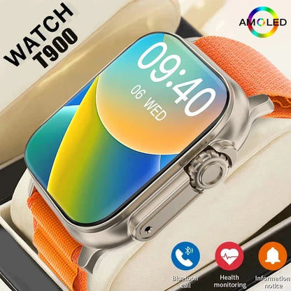 Smartwatch with orange band displaying colorful screen, brand 'AMOLED' visible