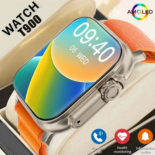 Smartwatch with orange band displaying colorful screen, brand 'AMOLED' visible