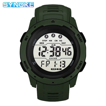 Green digital watch with white display on a white background, featuring the brand 'SYNOKE'.