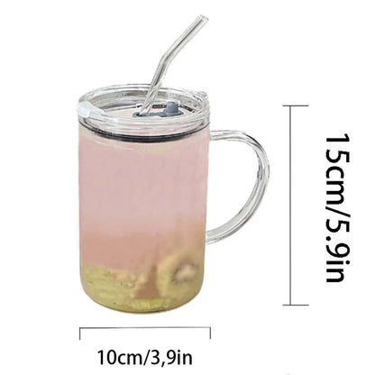 1L Large Glass Cup with Lid & Straw – Iced Coffee Juice Water Mug