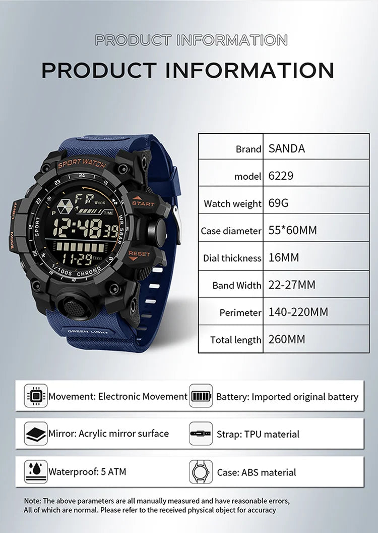 SANDA 6229 Digital Watches for Men Waterproof Luminous Outdoor Sports Watch Fashion Clock Simple Multifunction Male Wristwatch - BeeTrendyShop.COM