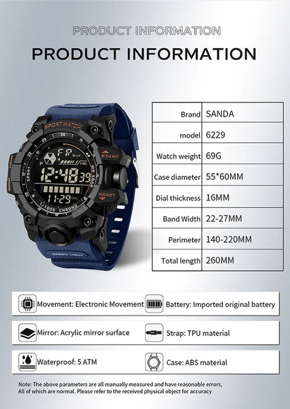 SANDA 6229 Digital Watches for Men Waterproof Luminous Outdoor Sports Watch Fashion Clock Simple Multifunction Male Wristwatch - BeeTrendyShop.COM