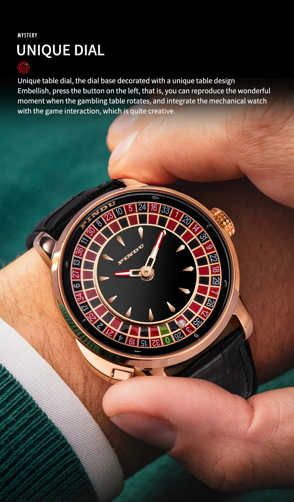 PINDU Players Gambling Series Men's Mechanical Watch European Roulette Poker Game Dial Automatic Movement Design Party Watch