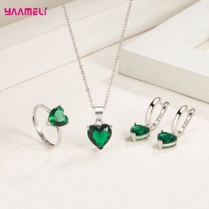 Heart Zircon Jewelry Set – Huggie Earrings, Pendant Necklace & Ring for Women