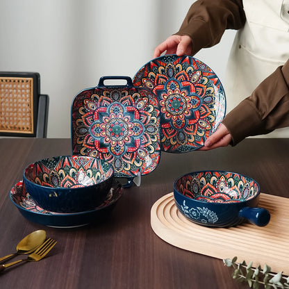 Bohemian Ceramic Tableware Set – Unique Floral Pattern Serving Plate for Home, Camping & Restaurant