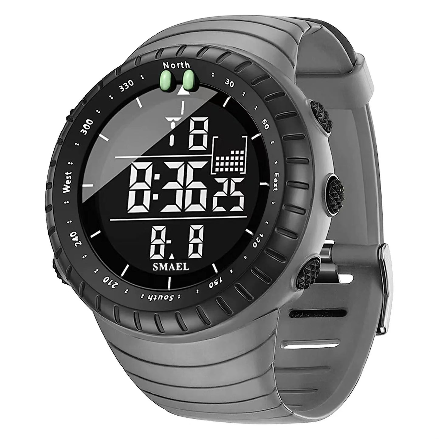 Gray digital watch with SMAEL branding on a white background
