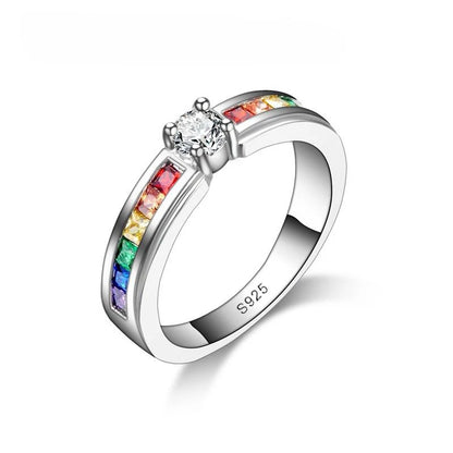 925 Sterling Silver Rainbow Cubic Zircon Ring – Engagement Jewelry for Women
