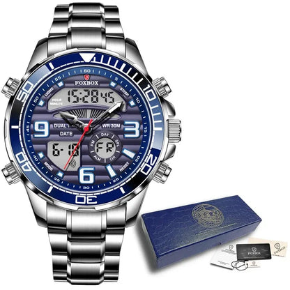 Foxbox watch with blue face and silver band, accompanied by a box and accessories on a white background