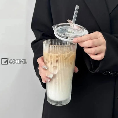 600ML Stripe Glass Cup with Lid & Straw – Transparent Juice Iced Coffee Mug