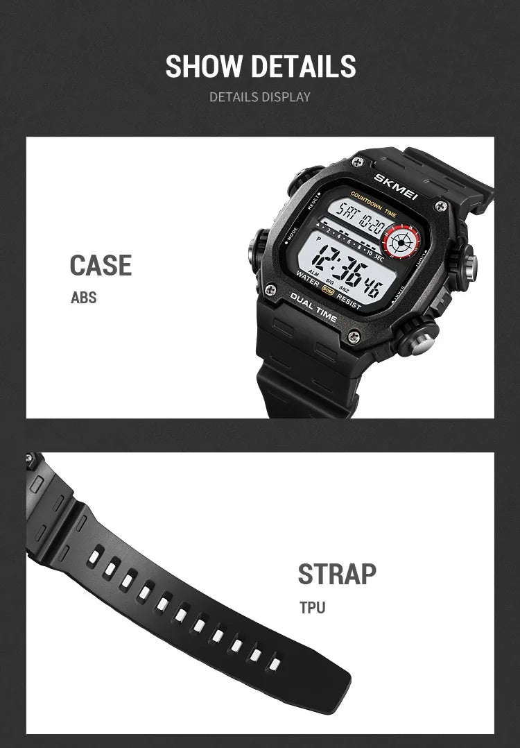 Black digital watch with detailed features on a white background
