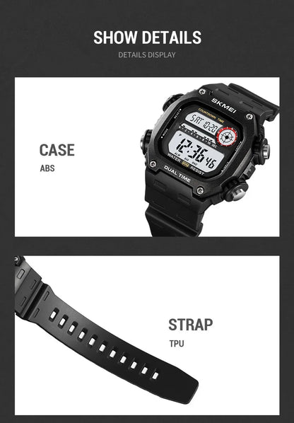 Black digital watch with detailed features on a white background