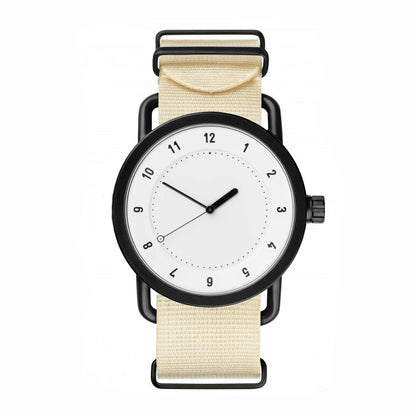 Wristwatch with beige strap and black case on a white background