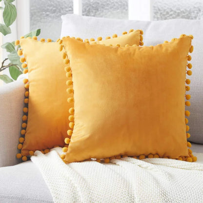 Soft Velvet Decorative Cushion Cover with Pom-Pom Ball – Sofa & Bedroom Pillowcase Blue Pink
