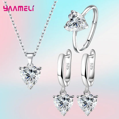 Heart Zircon Jewelry Set – Huggie Earrings, Pendant Necklace & Ring for Women