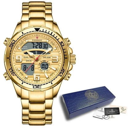 Gold wristwatch with digital and analog display, accompanied by a blue box and accessories on a white background.
