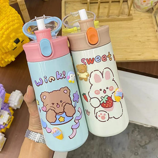 480ML Cute Thermos Bottle with Straw – Portable Kids Stainless Steel Thermal Mug