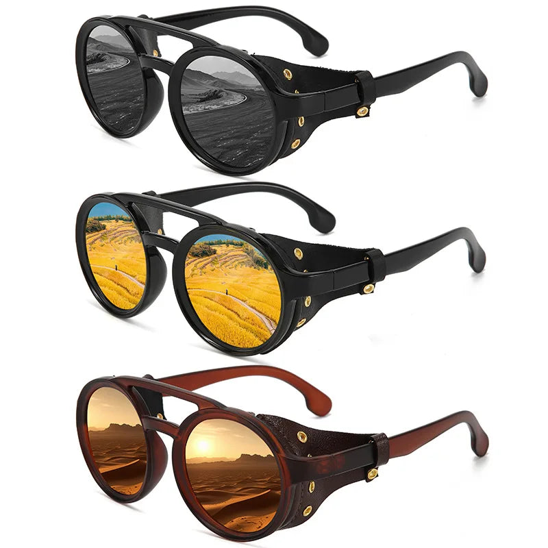 Retro Vintage Round Sunglasses – UV400 Leather Goggles Anti-Wind Unisex 8 Colors