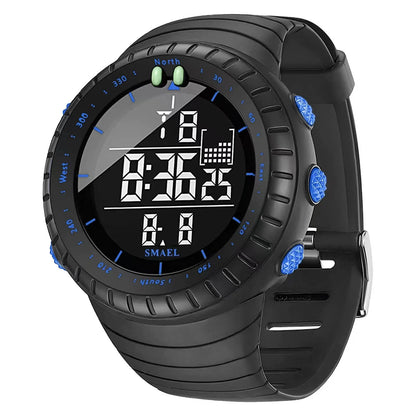 Black digital watch with blue accents on a white background