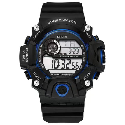 Black and blue digital sport watch on a white background