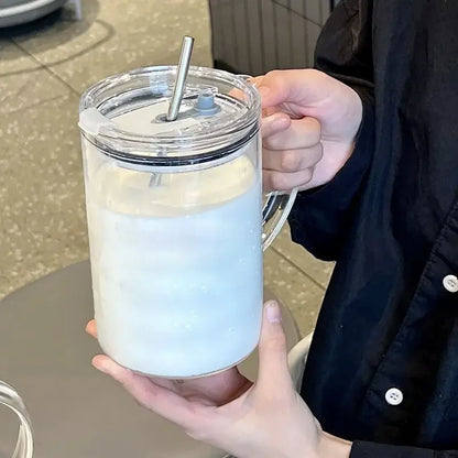 1L Large Glass Cup with Lid & Straw – Iced Coffee Juice Water Mug