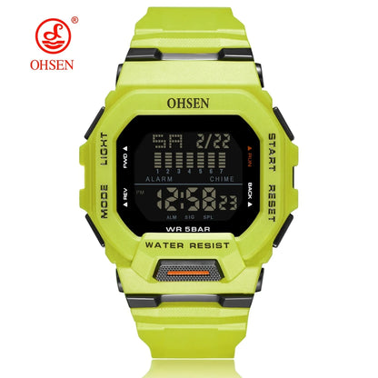 Yellow digital watch with black display on a white background, featuring the Ohsen brand.