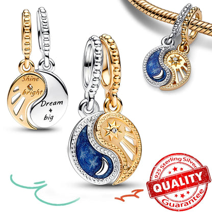925 Sterling Silver Sunflower & Lucky Stars Charm – Sun Moon Diamond DIY Jewelry