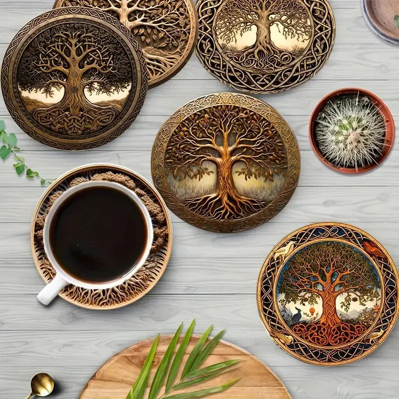 Art-Painted Wooden Coasters Set – 8pcs Colorful Heat-Resistant Non-Slip Table Placemats