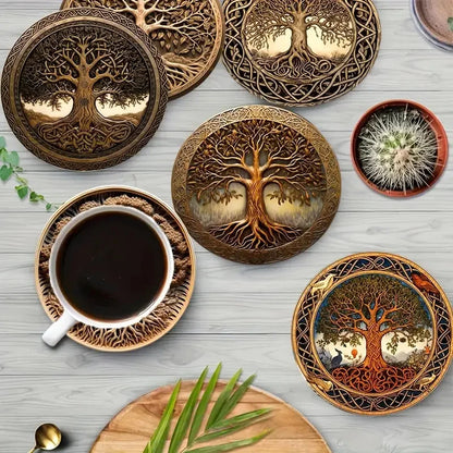 Art-Painted Wooden Coasters Set – 8pcs Colorful Heat-Resistant Non-Slip Table Placemats