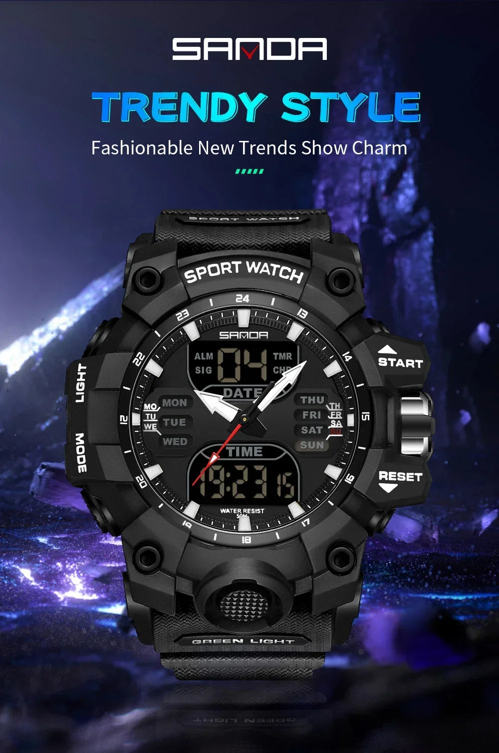 SANDA 6126  Digital Clock Dual Display Men Watches Waterproof Sports Watch Military Man Alarm Stopwatch Quartz Wristwatch Male