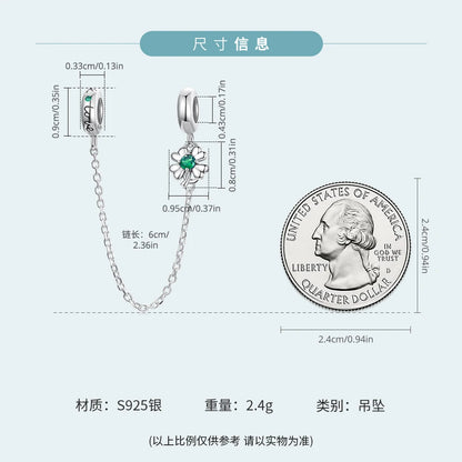 925 Sterling Silver Safety Chain Charm – Heart, Key & Flower CZ Stopper Bead
