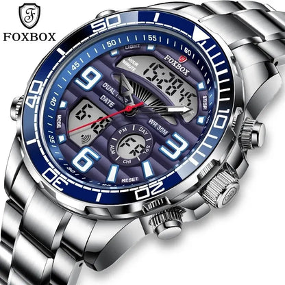 Foxbox watch with blue and silver design on a white background