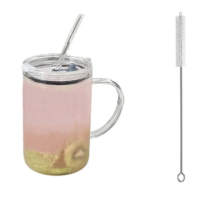 1L Large Glass Cup with Lid & Straw – Iced Coffee Juice Water Mug
