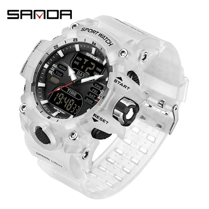 White sports watch with digital display on a white background, featuring the brand 'SANDA'.