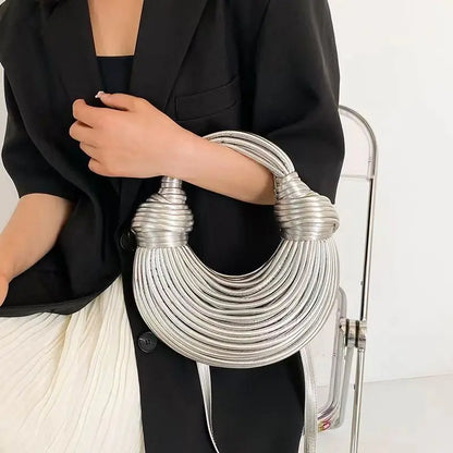 Handbags for Women 2025 New Gold Luxury Designer Brand Handwoven Noodle Bags Rope Knotted Pulled Hobo Silver Evening Clutch Chic - BeeTrendyShop.COM