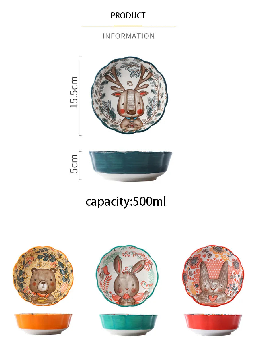 Ceramic Bakeware With Handle Forest Animals Baking Pan  Underglaze  Kitchen Tableware Salad Bowl Au Gratin Dishes