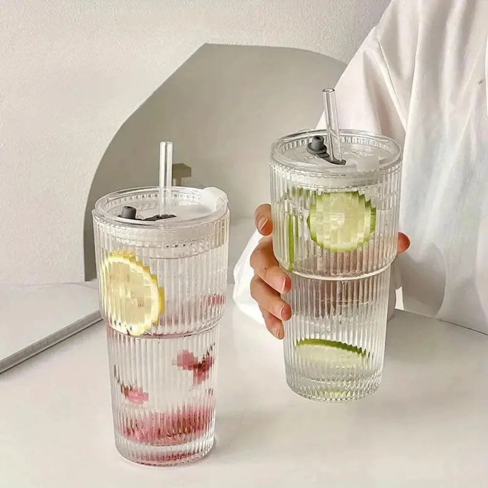 600ML Stripe Glass Cup with Lid & Straw – Transparent Juice Iced Coffee Mug