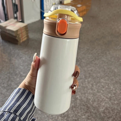 480ML Cute Thermos Bottle with Straw – Portable Kids Stainless Steel Thermal Mug
