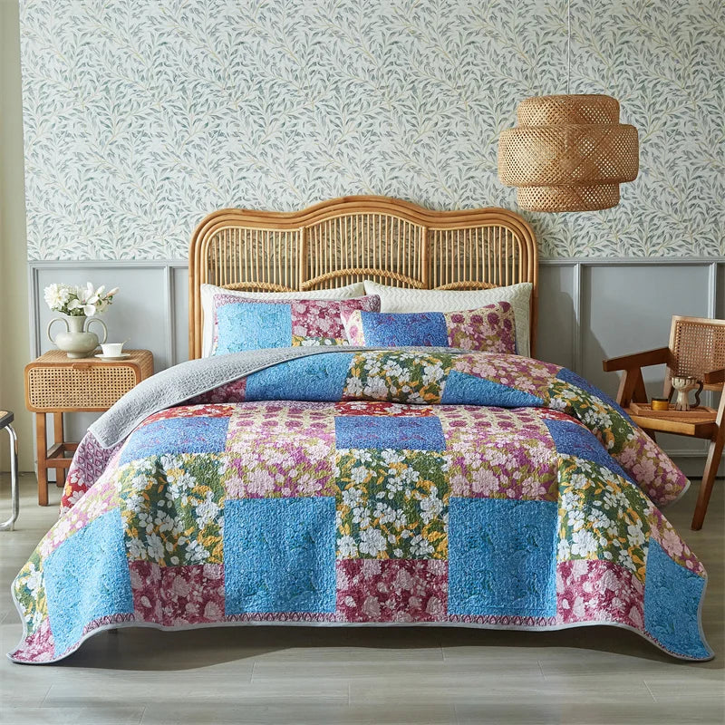 Retro Flower Patchwork Bedspread Set – Thickened Bed Sheet & Pillowcase Summer Blanket Twin King