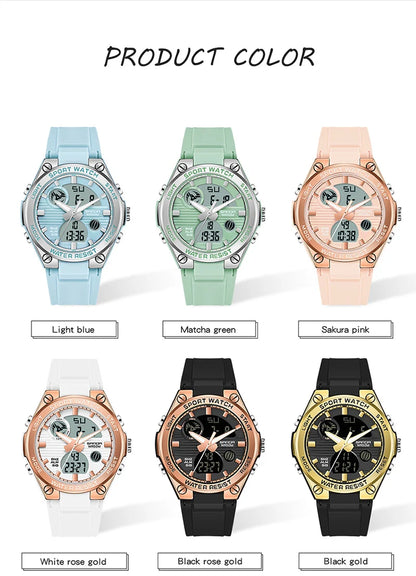 Six different colored watches displayed with labels on a white background.