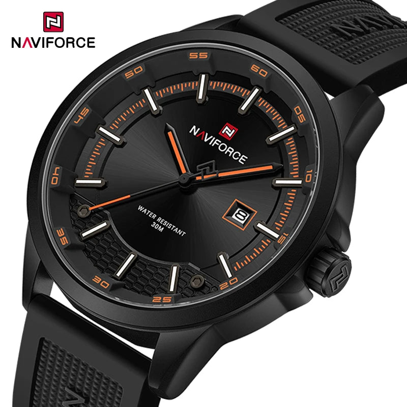 Black Naviforce watch with orange accents on a white background