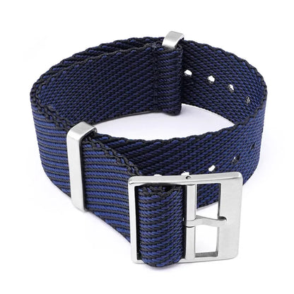 Navy blue woven watch strap with silver buckle on a white background