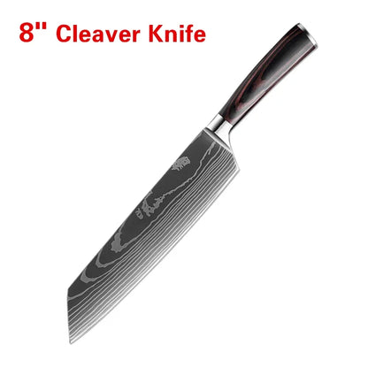 Laser Damascus Kitchen Knife Set – Cleaver, Santoku, Bread, Boning & Kitchen Scissors