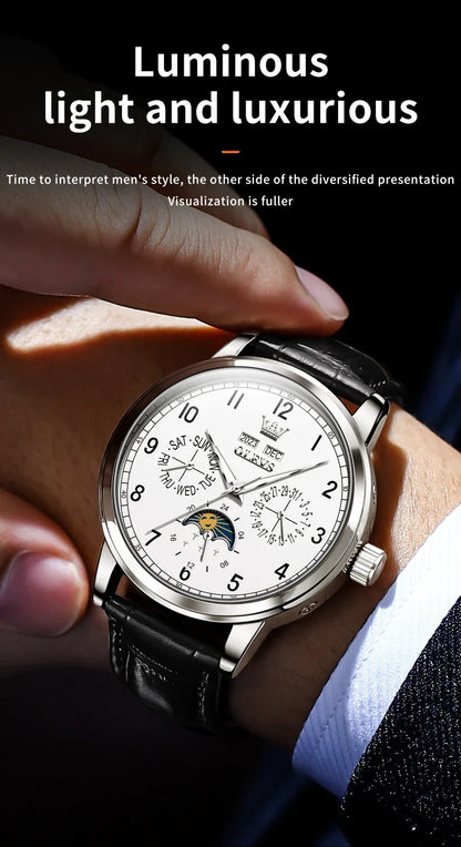 OLEVS 6698 Automatic Mechanical Watch – Luxury Leather Strap, Moon Phase, Waterproof