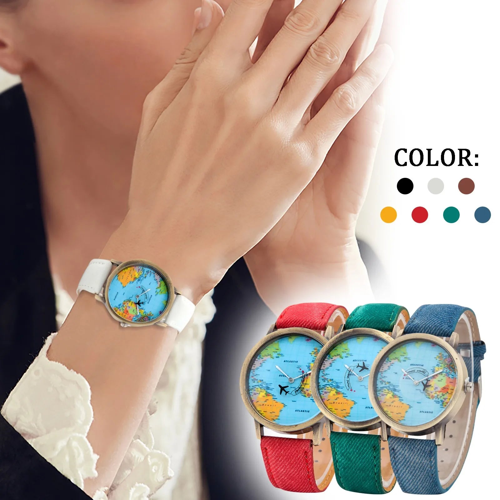 Fashion Global World Map Plane Denim Fabric Band Watch Casual Men Women Wristwatches Quartz Watch Gift Horloges Relógio - BeeTrendyShop.COM